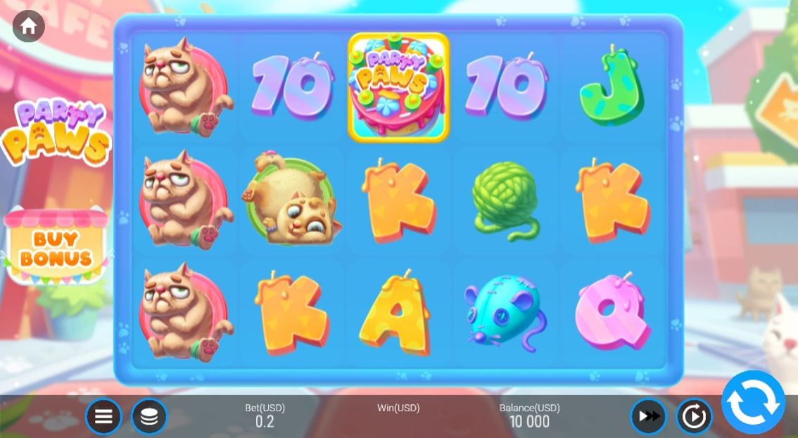 The main 5x3 game grid of the Party Paws slot, showing the cartoon cat symbols and paylines.