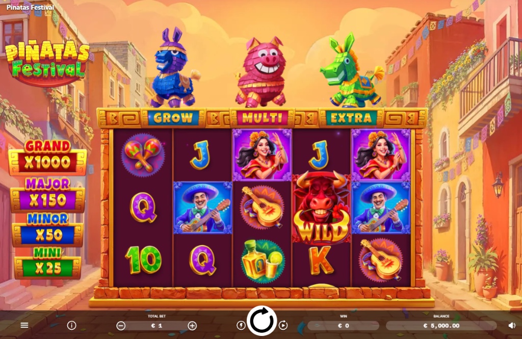 The main screen of the Piñatas Festival slot, showing the 5x3 reel layout, vibrant cartoon symbols, and the three piñata characters perched on top.