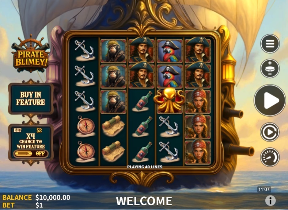 The 5x4 game grid of the Pirate Blimey slot, showing the pirate-themed symbols on the reels against an ocean backdrop.