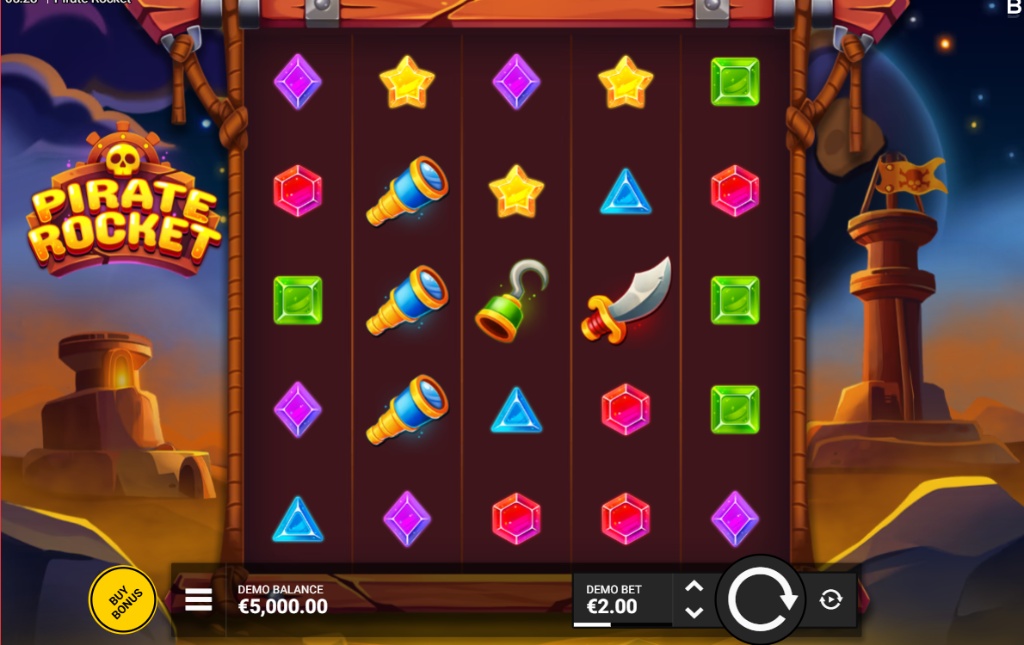 Main screen of the Pirate Rocket demo slot, showing the 5x5 reels with colorful gem and pirate-themed symbols, against a space background.