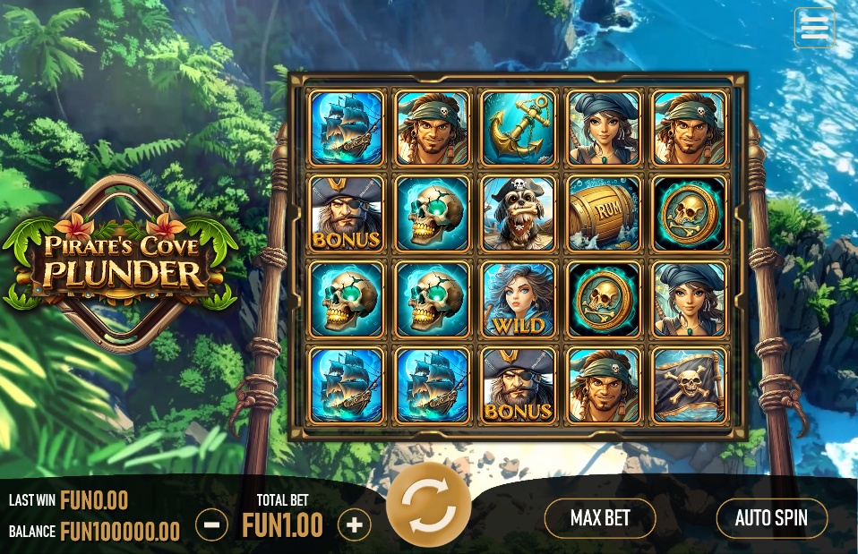 The 5x4 reel layout of the Pirate's Cove Plunder slot by Urgent Games, showing the pirate-themed symbols and tropical background.