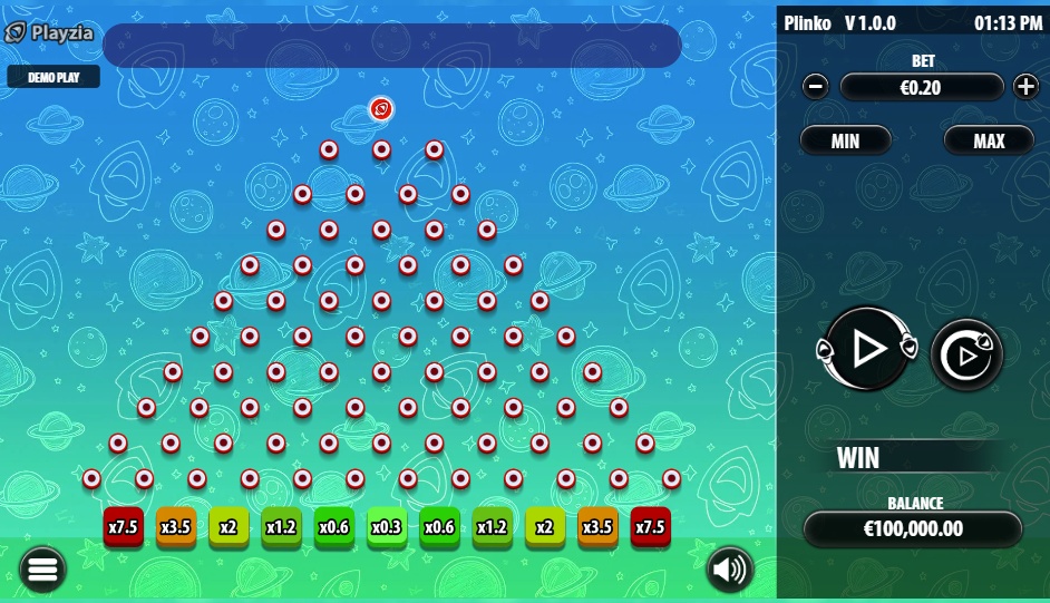 The main game board of the Playzia Plinko slot, showing the triangular pegboard and multiplier slots at the bottom.