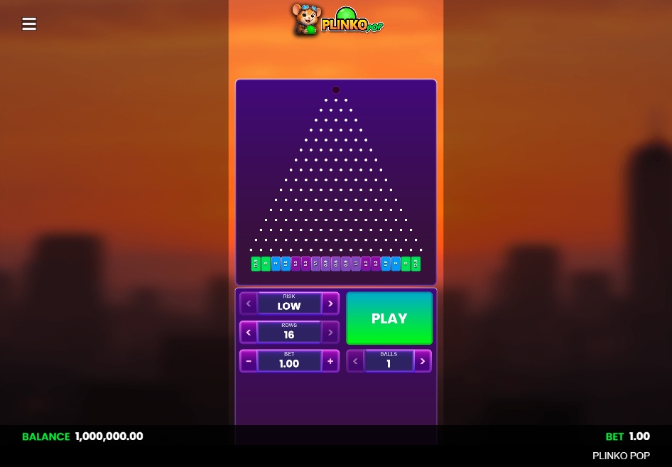 The main gameplay board of the Plinko Pop game, showing the 16-row pyramid and control panel.