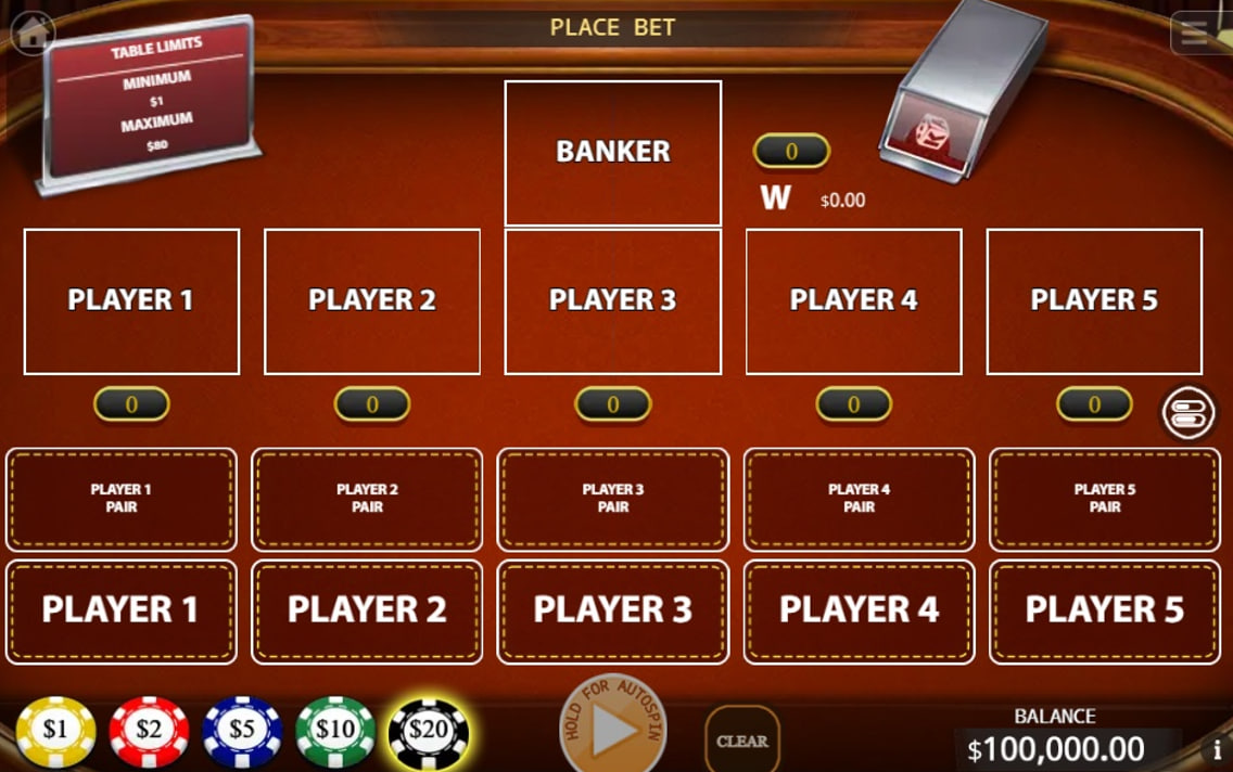 The betting table layout for the Pok Deng game by KA Gaming, showing the Banker and five Player positions.