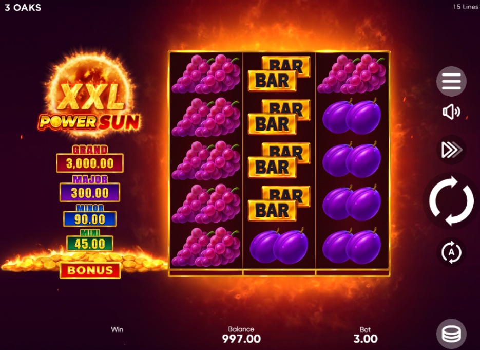 The base game grid of the Power Sun XXL slot, showing the fruit and BAR symbols on the 3x5 reels.