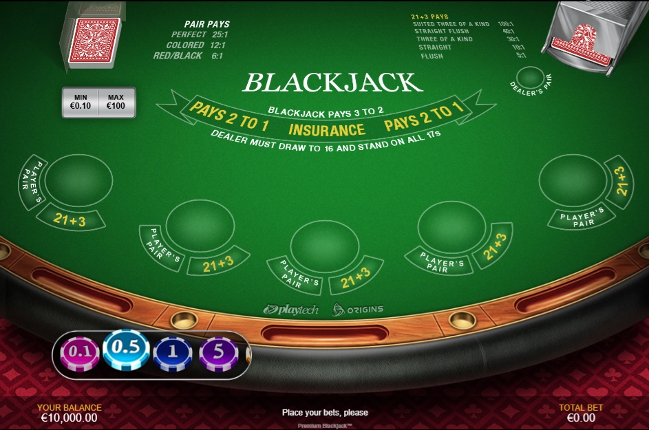 The table layout for the Premium Blackjack game by Playtech, showing the betting areas for main wagers and side bets.