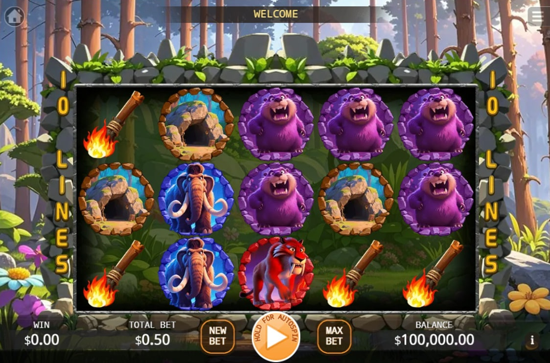 The main 5x3 reel grid of the Primitive Man slot, showing various prehistoric animal and artifact symbols during base gameplay.