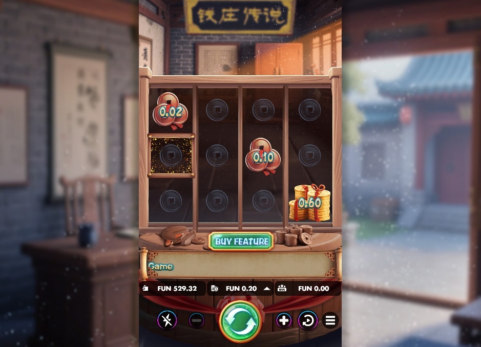 The main 5x4 game grid of the Qian Zhuang Legend slot, showing the special Collect Reel on the left and the serene Chinese bank background.