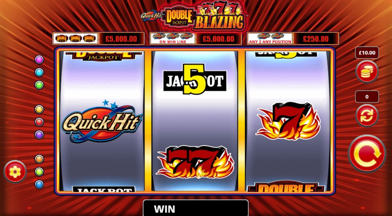Quick Hit Double Jackpot Blazing 777's slot gameplay screenshot with 3 reels and active symbols.