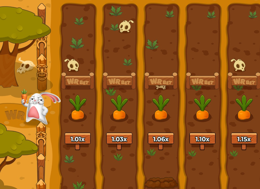 The main game screen of the Rabbit Road slot demo, showing the rabbit ready to start its journey across the five columns.