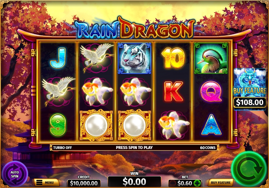 The main game grid of the Rain Dragon slot, showcasing the 5x3 reel layout and high-value animal symbols.