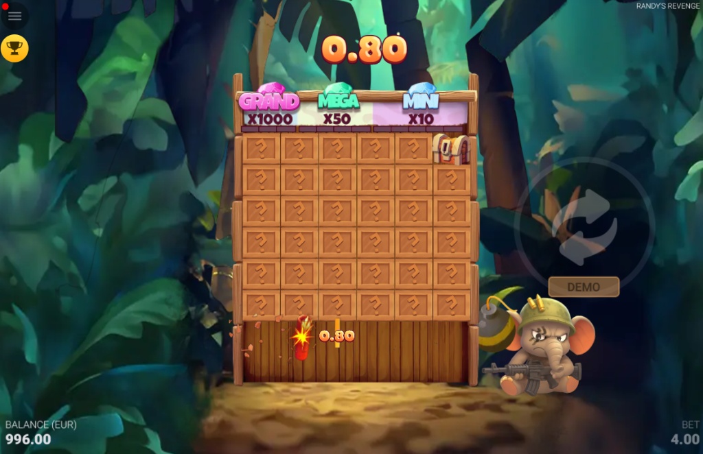 Randy's Revenge slot gameplay screen showing the 6x8 grid, dynamite explosion, and the elephant character.