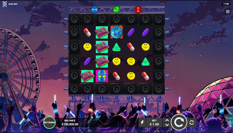 The base game grid of the Rave Riot slot, showcasing the 5x4 layout and rave-themed symbols.


