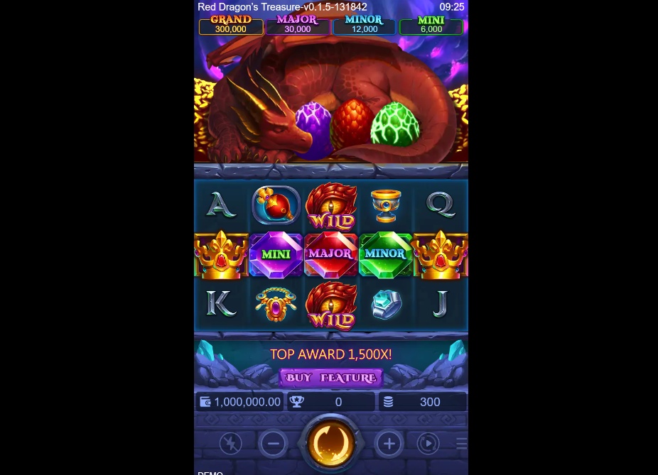 The base game screen of Red Dragon's Treasure slot, showing the 5x3 reel layout and jackpot values.