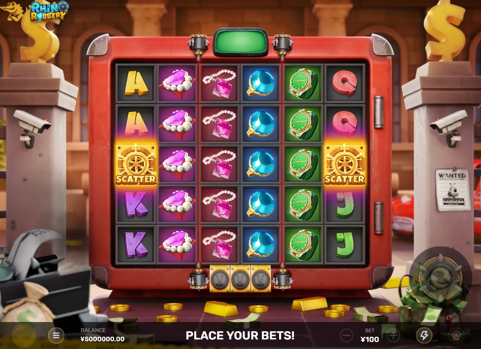 The main game grid of the Rhino Robbery slot, showing the symbols and vault-themed background.