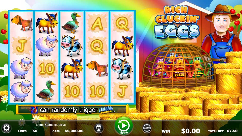 The main 5x3 game grid of the Rich Cluckin' Eggs slot, showing the farm animal symbols and the farmer character.