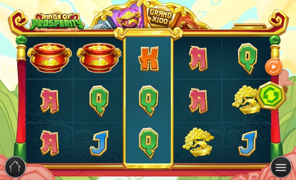 The base game grid of the Rings of Prosperity slot, showing the 5x3 reel layout and Asian-themed symbols.