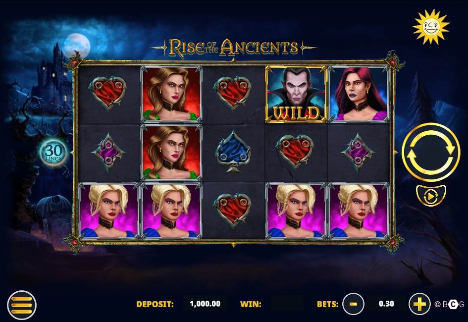 The main 5x3 game screen of the Rise of the Ancients slot, showing the vampire theme and characters.