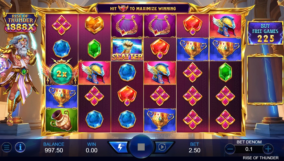The main gameplay screen of the Rise of Thunder 1888x slot, showcasing the Pay Anywhere grid and mythological symbols.