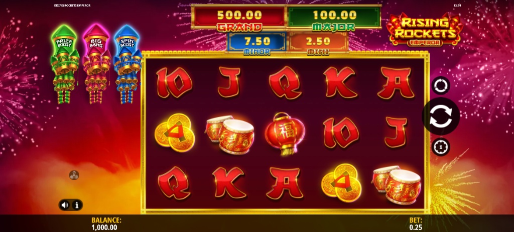 The main 5x3 game grid of the Rising Rockets Emperor slot, displaying its themed symbols and jackpot values.