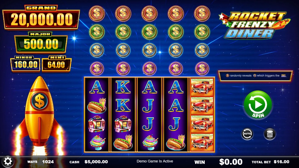 The main game screen of the Rocket Frenzy Diner slot, showing the 1024 ways to win layout and the four fixed jackpots.