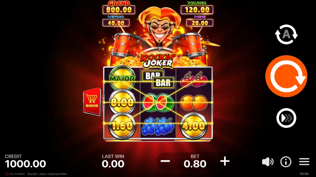 The 3x3 game grid of the Rockin' Joker: Hold and Win slot, featuring classic fruit symbols and golden bonus coins that trigger the jackpot round.