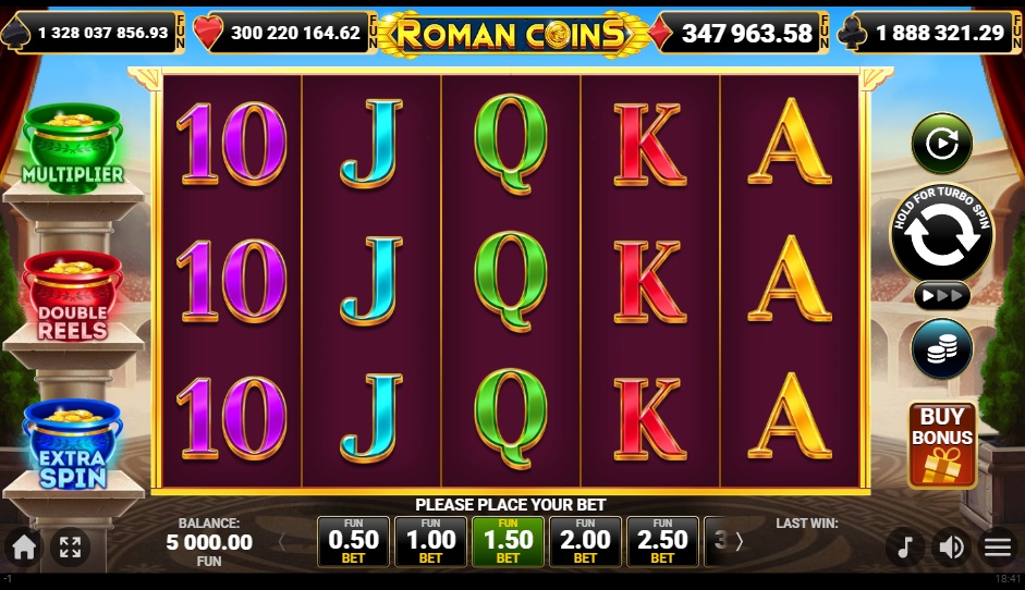 The main 5x3 reel grid of the Roman Coins slot, showcasing the standard symbols and the three bonus pots on the left.