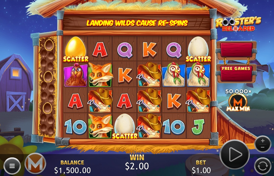 The base game grid of the Rooster's Reloaded slot, showing the 5x4 layout with farm-themed symbols.