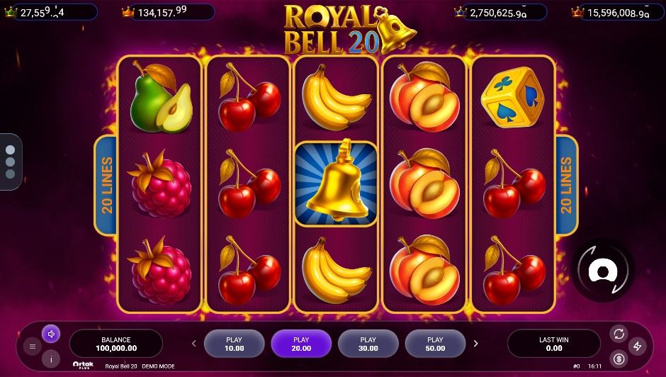 The 5x3 reel layout of the Royal Bell 20 slot, showcasing fruit symbols and the Bell Wild.