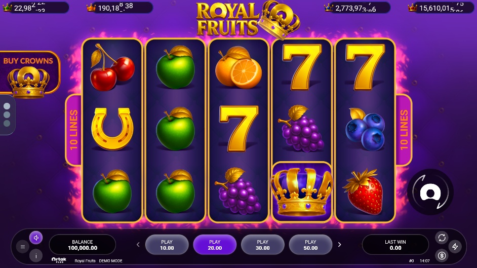 The 5x3 reel layout of the Royal Fruits slot, showcasing its classic fruit symbols and a Crown wild.