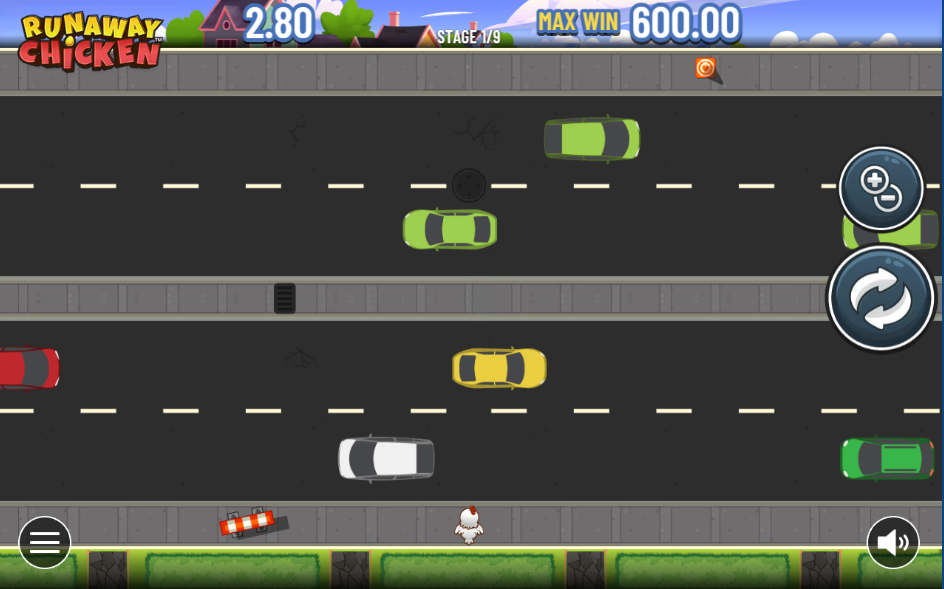 The main game screen of the Runaway Chicken slot, showing the chicken at the start of the road with cars moving across the lanes.