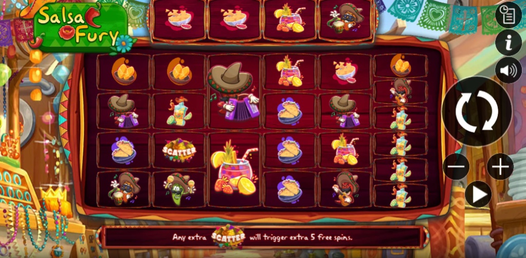 The large 6x5 game grid of the Salsa Fury slot, featuring a colossal sombrero symbol and various character symbols inspired by a Mexican fiesta.