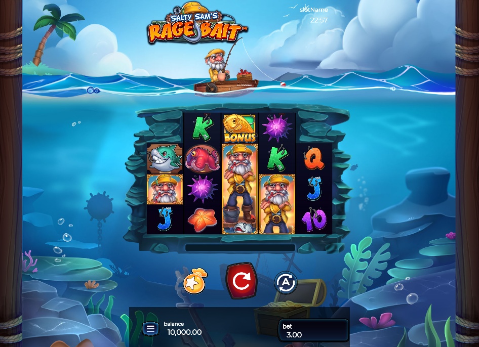 The main 5x4 game grid of the Salty Sam's Rage Bait slot, showing the underwater theme and symbols.