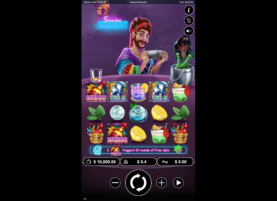 The main 5x3 game grid of the Samba Rhapsody slot, showing the bartender and cocktail-themed symbols.