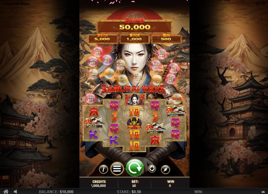 The main game grid of the Samurai Ways slot, featuring the 3-4-5-4-3 layout and warrior symbols.