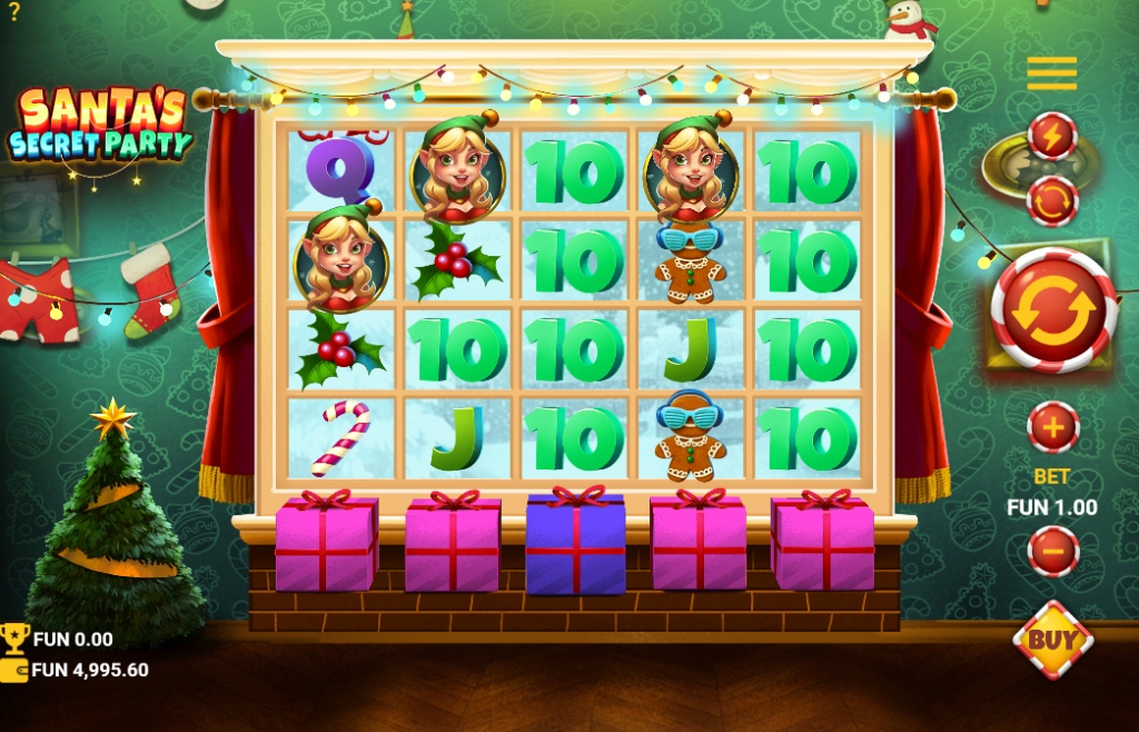 The main 5x4 grid of the Santa's Secret Party slot, showing elf, gingerbread, and card symbols during base gameplay.