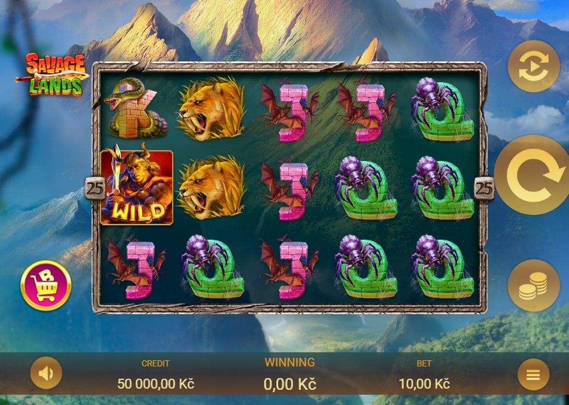 The base game grid of the Savage Lands slot, showing symbols and the warrior Wild on the 5x3 reels.

