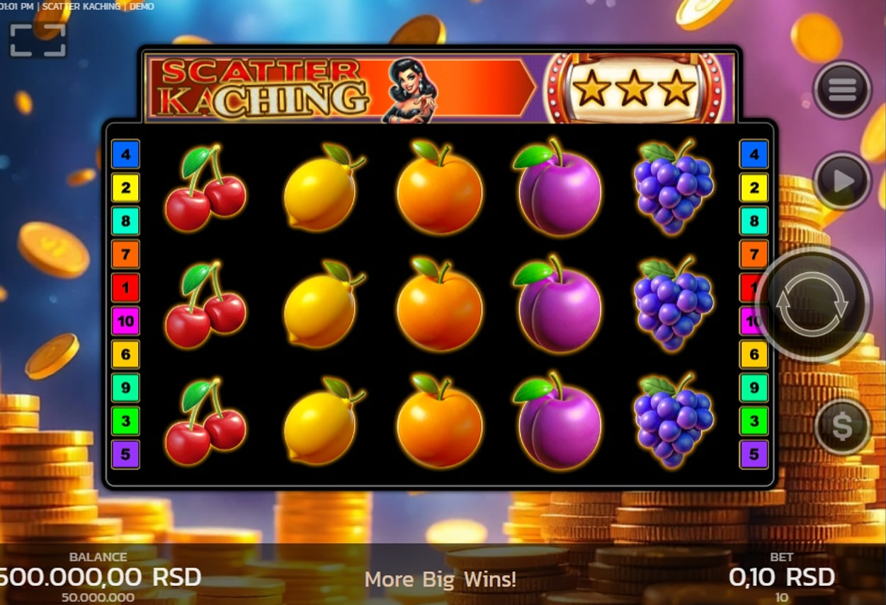 The main 5x3 game grid of the Scatter Kaching slot, showcasing classic fruit symbols and the Lucky 7 on the reels.