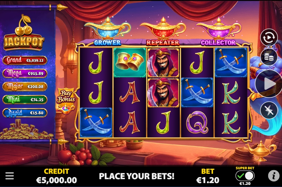 The base game grid of Secret of The Lamps slot, showing the 5x3 reel layout, Arabian-themed symbols, and the three magic lamps above.