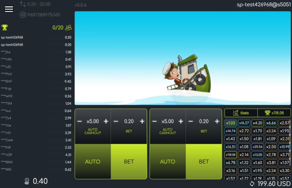 The player interface for the Shark Rush crash game, showing the boat, betting controls, and player statistics.