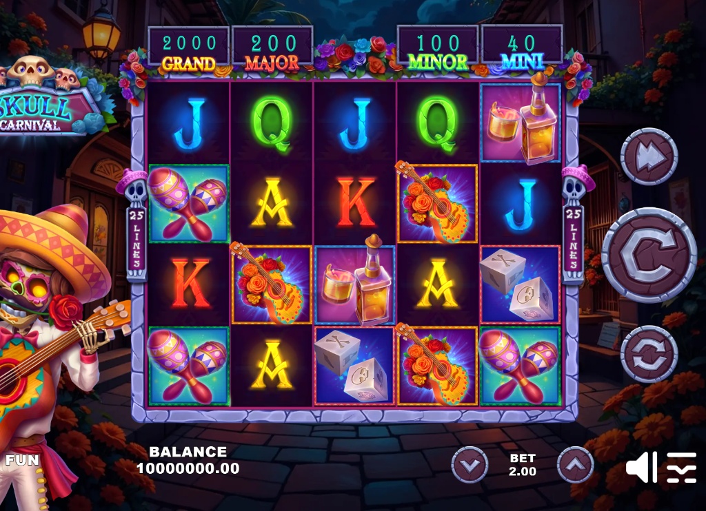 The 5x4 main game grid of the Skull Carnival slot, showcasing the Day of the Dead theme and game symbols.