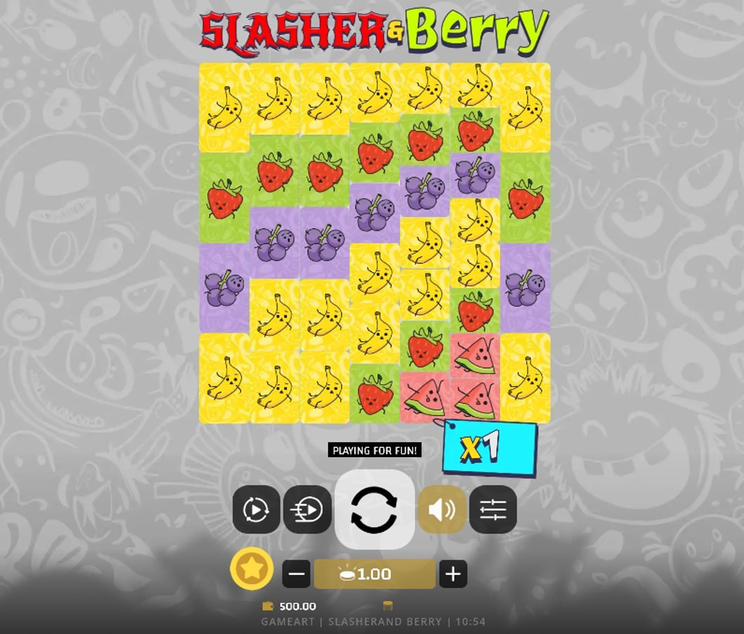 The main game grid of the Slasher & Berry slot, showing a cluster of fruit symbols and the Slasher Mode multiplier.