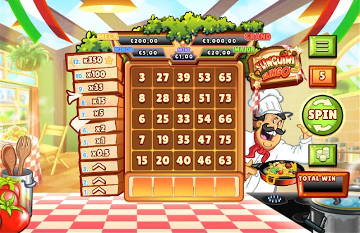 The main 5x5 game grid of Slinguini Slingo, showing the payladder and the chef mascot before a round begins.