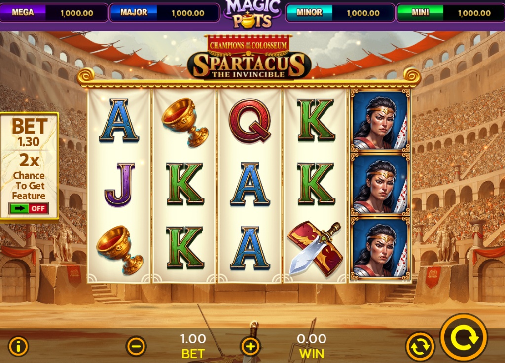 The main 5x3 game grid of the Champions of the Colosseum Spartacus the Invincible demo slot, set against a gladiator arena.