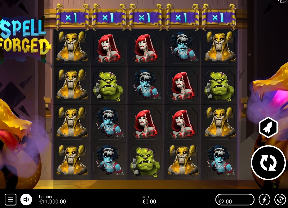 The base game grid of the Spellforged slot, showing the 5x4 layout and monster character symbols.