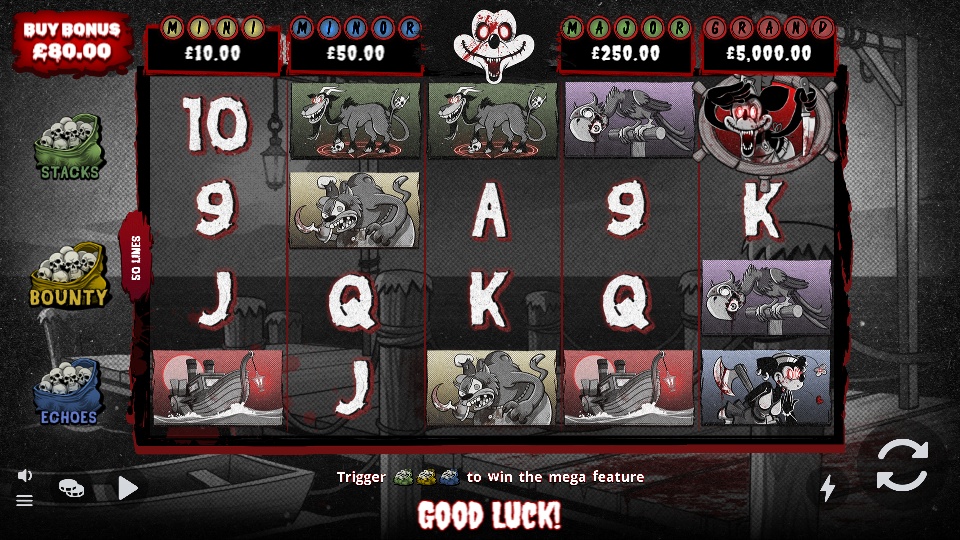 The 5x4 game screen of the Squeak slot, featuring a unique horror-themed vintage cartoon design, character symbols, and four visible jackpot prizes above the reels.