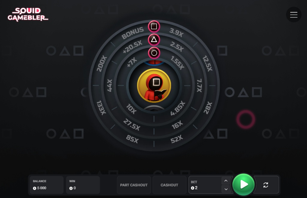 The main game screen of Squid Gamebler, showing the multiplier wheel and bet controls before a round begins.