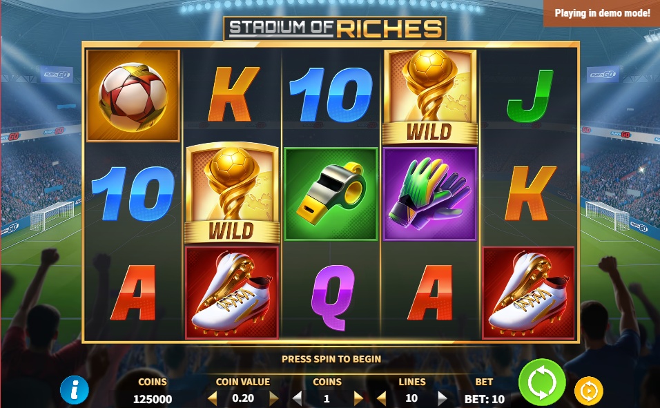 The 5x3 reel layout of the Stadium of Riches slot game during base gameplay, showing various football-themed symbols.
