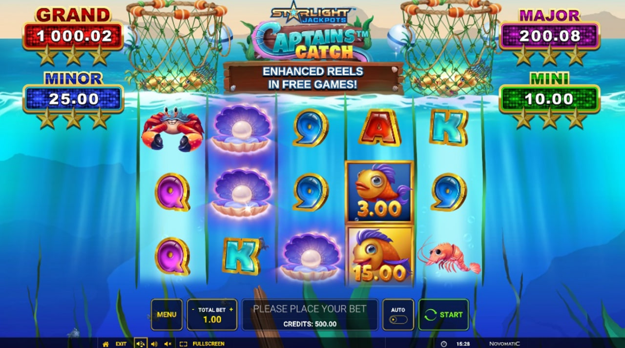 The 5x3 reel layout of the Starlight Jackpots Captain's Catch slot, showing the ocean theme and game symbols in the base game.