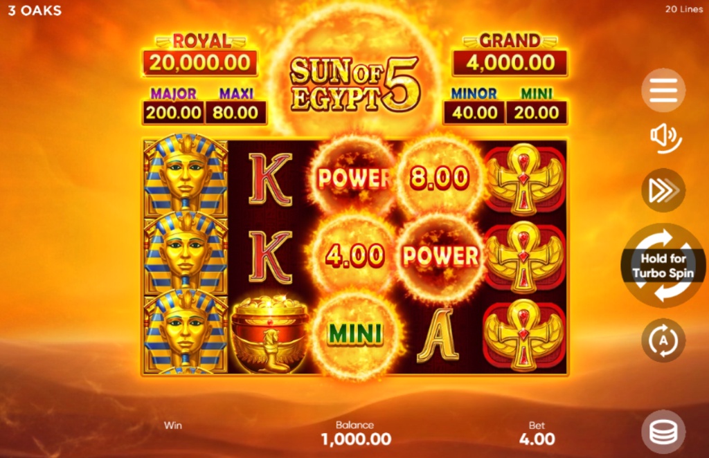 The main 5x3 reel layout of the Sun of Egypt 5 slot, showing high-value symbols and the jackpot displays.